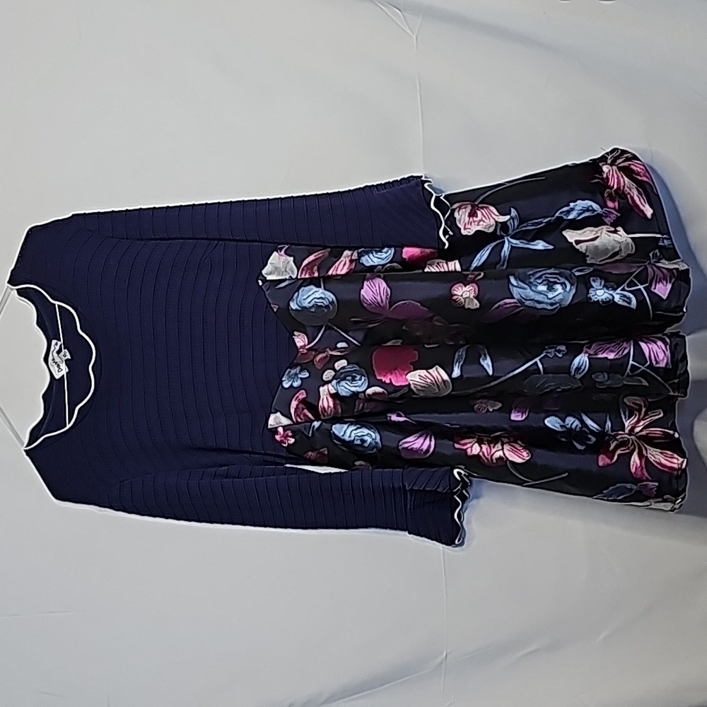 Dan Munier floral textured fit & flare pleated bell wrists blue dress sz XL